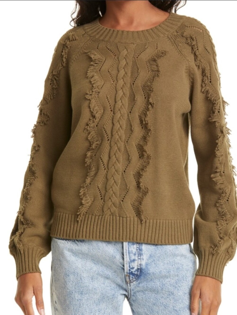 Rails Olive Twist Frayed Fringe Cable Crew Sweater
